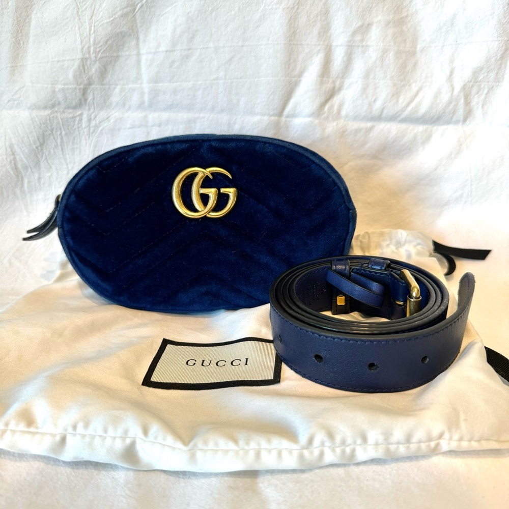 🔴SOLD🔴GUCCI Velvet Matelasse GG Marmont Belt Bag 85 34 Cobalt Blue - Picture 6 of 17